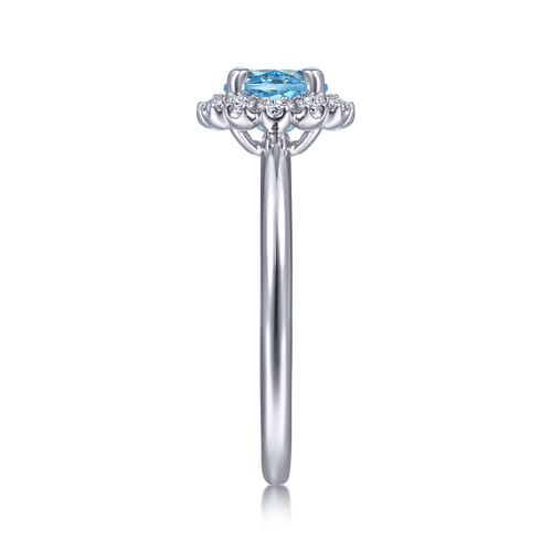 14K White Gold Round Blue Topaz and Diamond Halo Promise Ring