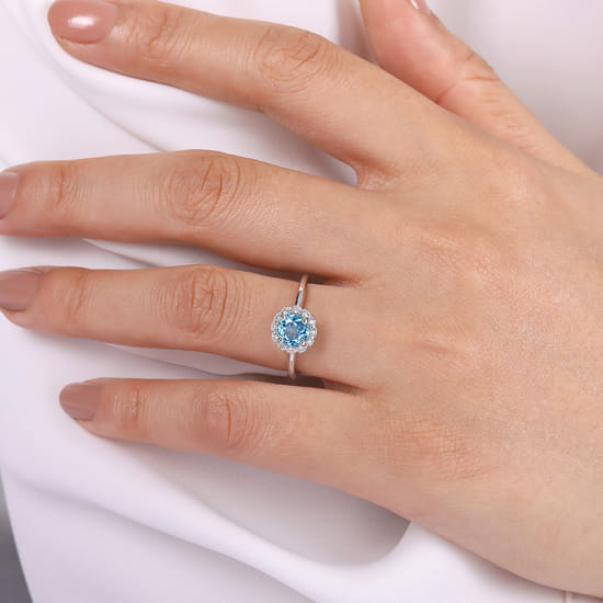 14K White Gold Round Blue Topaz and Diamond Halo Promise Ring angle 5