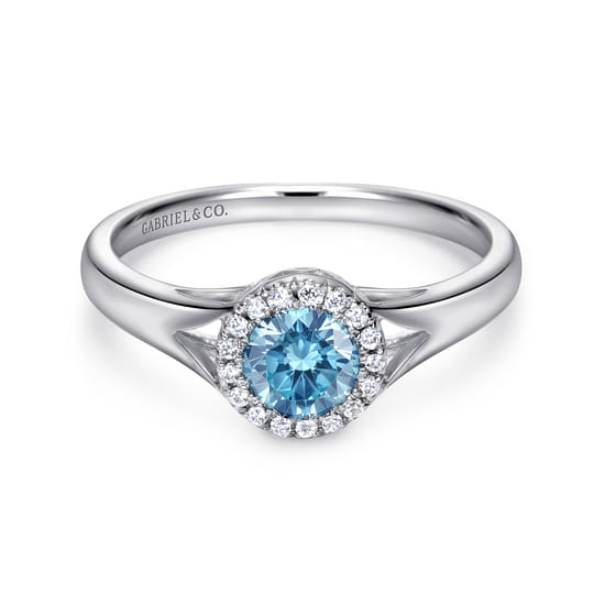 Gabriel - 14K White Gold Round Blue Topaz and Diamond Halo Promise Ring