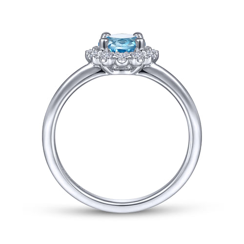 14K White Gold Round Blue Topaz and Diamond Halo Ring