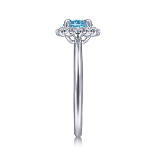14K White Gold Round Blue Topaz and Diamond Halo Ring
