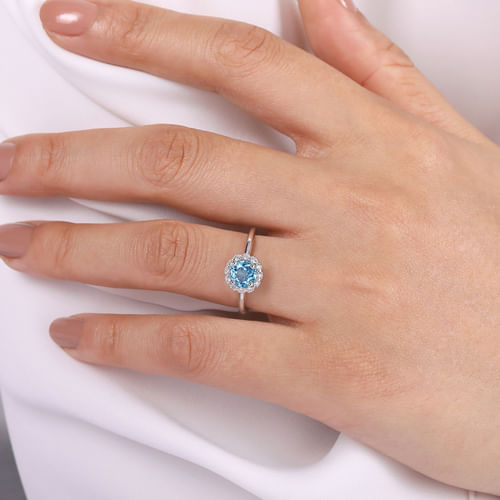 14K White Gold Round Blue Topaz and Diamond Halo Ring