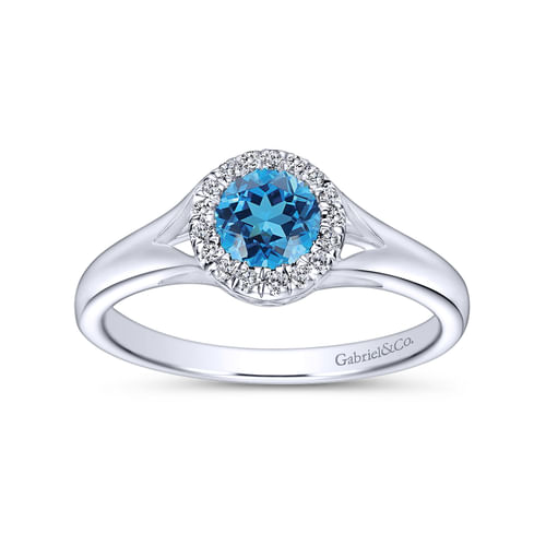 14K White Gold Round Blue Topaz and Diamond Halo Ring