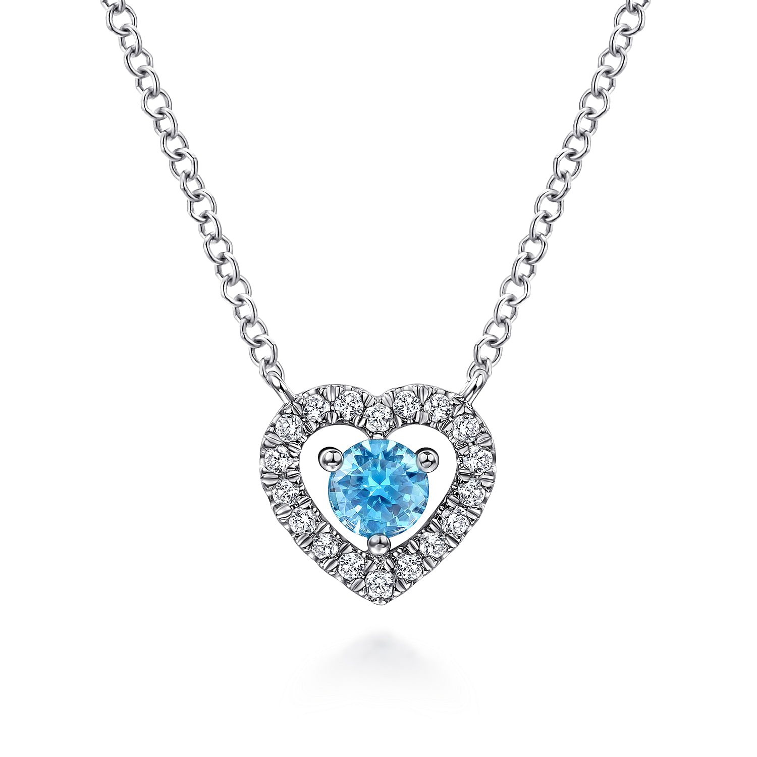 14K White Gold Round Blue Topaz and Diamond Heart Pendant Necklace