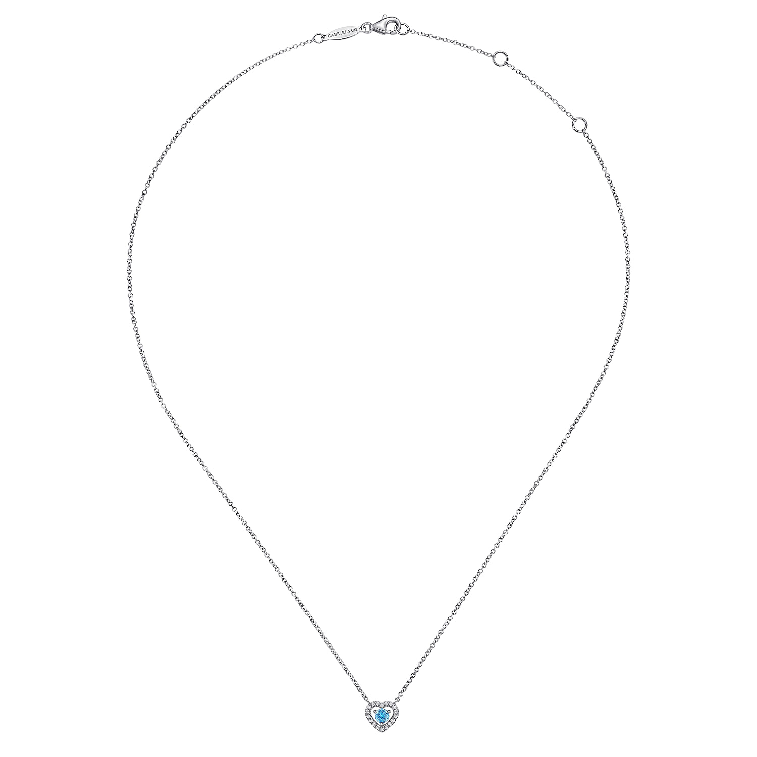 14K White Gold Round Blue Topaz and Diamond Heart Pendant Necklace