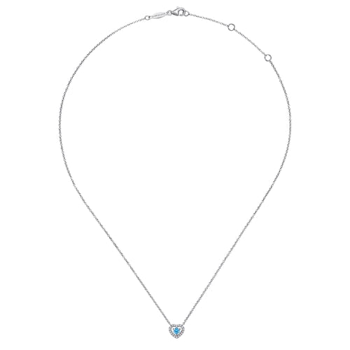 14K White Gold Round Blue Topaz and Diamond Heart Pendant Necklace