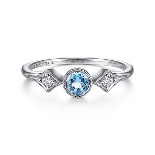 14K White Gold Round Blue Topaz and Diamond Three Stone Promise Ring 14K White Gold Round Blue Topaz and Diamond Three Stone Promise Ring