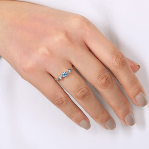 14K White Gold Round Blue Topaz and Diamond Three Stone Promise Ring 14K White Gold Round Blue Topaz and Diamond Three Stone Promise Ring