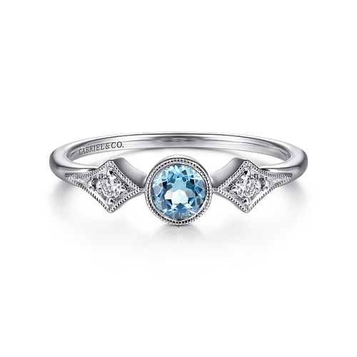 14K White Gold Round Blue Topaz and Diamond Three Stone Ring