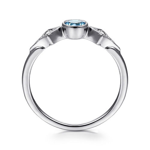 14K White Gold Round Blue Topaz and Diamond Three Stone Ring