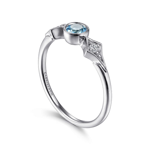 14K White Gold Round Blue Topaz and Diamond Three Stone Ring