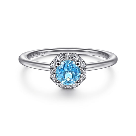 14K White Gold Round Blue Topaz and Hexagon Diamond Halo Promise Ring