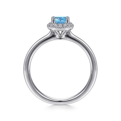 14K White Gold Round Blue Topaz and Hexagon Diamond Halo Promise Ring