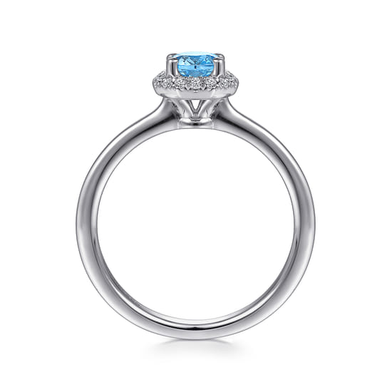 14K White Gold Round Blue Topaz and Hexagon Diamond Halo Promise Ring angle 2