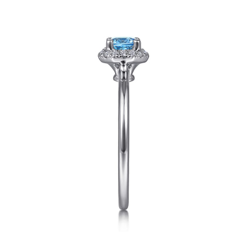 14K White Gold Round Blue Topaz and Hexagon Diamond Halo Promise Ring