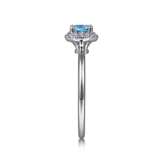 14K White Gold Round Blue Topaz and Hexagon Diamond Halo Promise Ring angle 4
