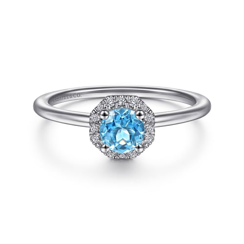 14K White Gold Round Blue Topaz and Hexagon Diamond Halo Ring