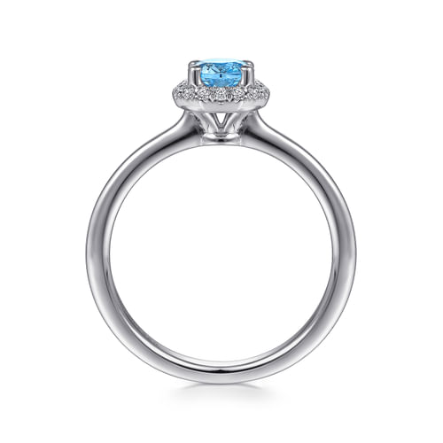 14K White Gold Round Blue Topaz and Hexagon Diamond Halo Ring