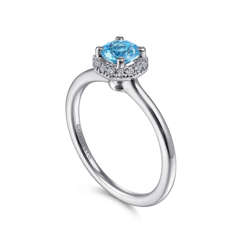 14K White Gold Round Blue Topaz and Hexagon Diamond Halo Ring