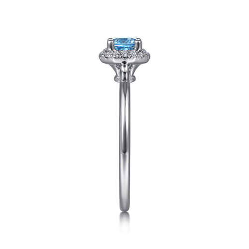 14K White Gold Round Blue Topaz and Hexagon Diamond Halo Ring