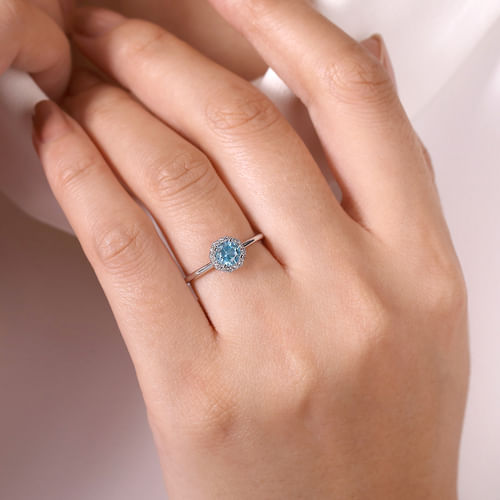 14K White Gold Round Blue Topaz and Hexagon Diamond Halo Ring