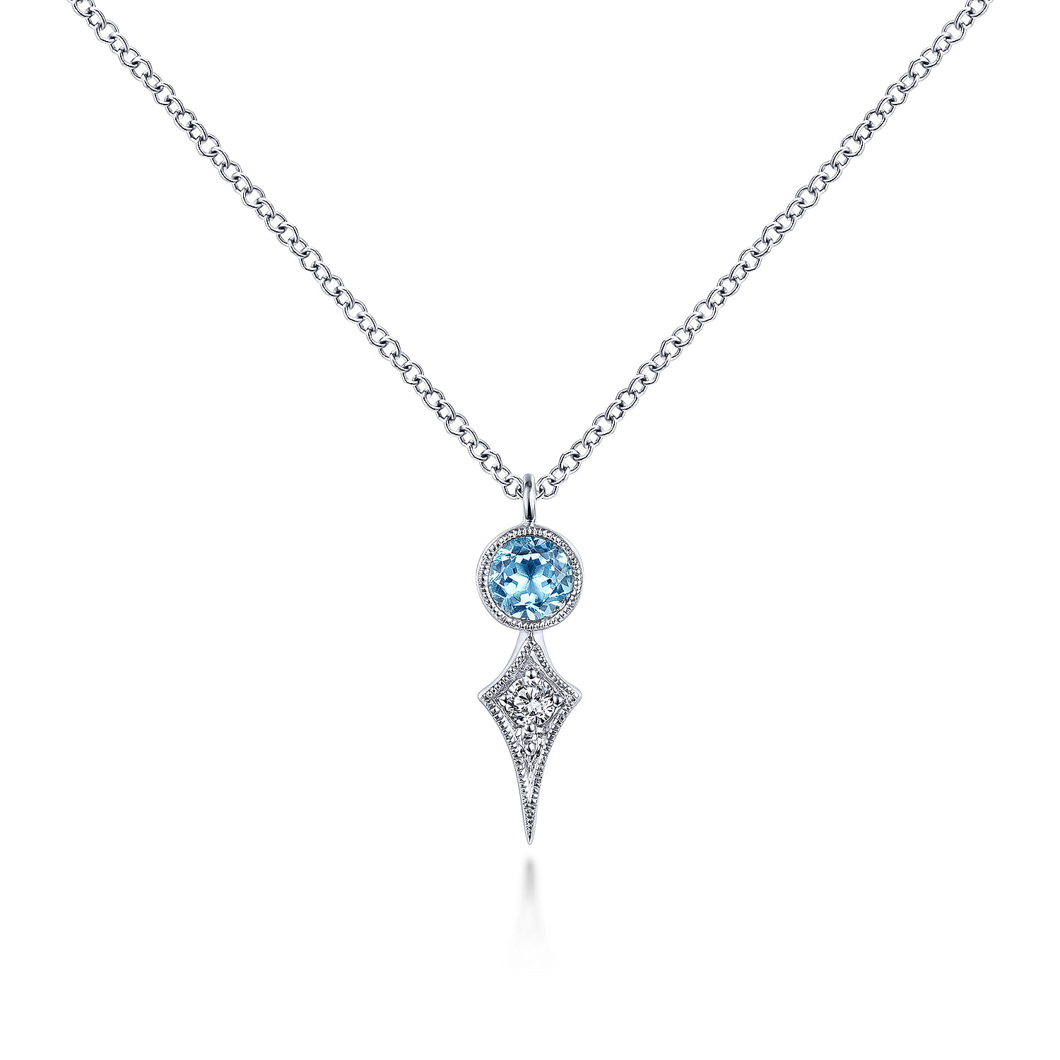 14K White Gold Round Blue Topaz and Kite Diamond Pendant Necklace