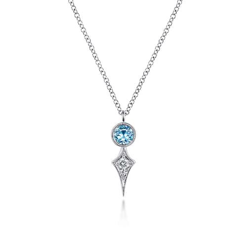 14K White Gold Round Blue Topaz and Kite Diamond Pendant Necklace