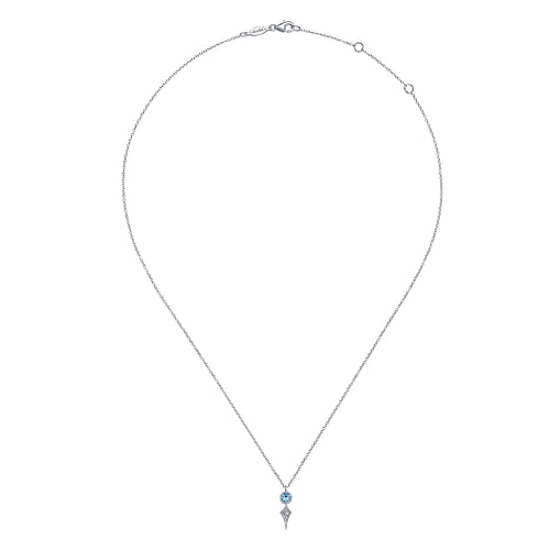 14K White Gold Round Blue Topaz and Kite Diamond Pendant Necklace