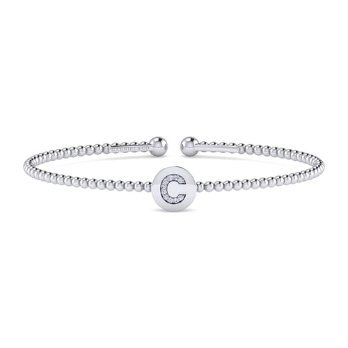 14K White Gold Round C Initial Diamond Bujukan Cuff Bracelet