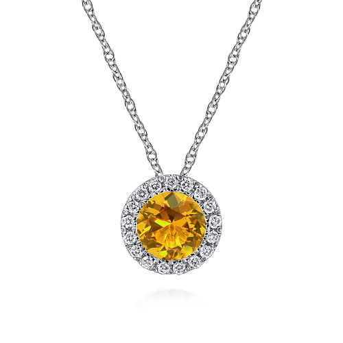 14K White Gold Round Citrine and Diamond Halo Pendant Necklace