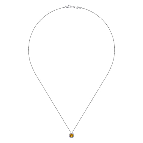 14K White Gold Round Citrine and Diamond Halo Pendant Necklace