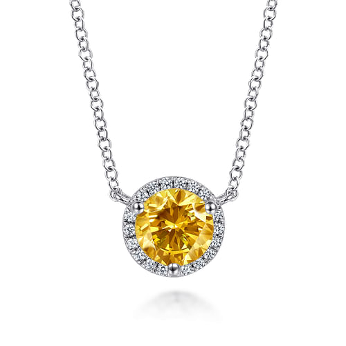 14K White Gold Round Citrine and Diamond Halo Pendant Necklace