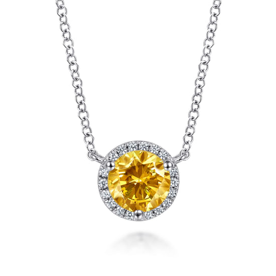 Gabriel - 14K White Gold Round Citrine and Diamond Halo Pendant Necklace