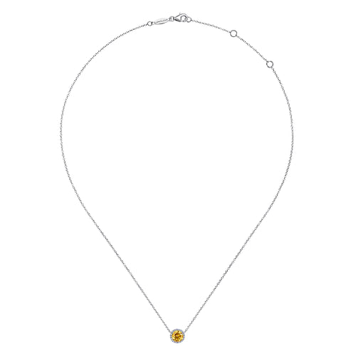 14K White Gold Round Citrine and Diamond Halo Pendant Necklace