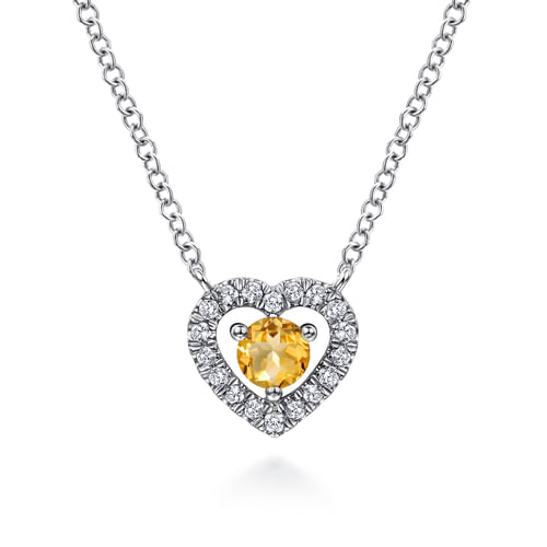14K White Gold Round Citrine and Diamond Heart Pendant Necklace