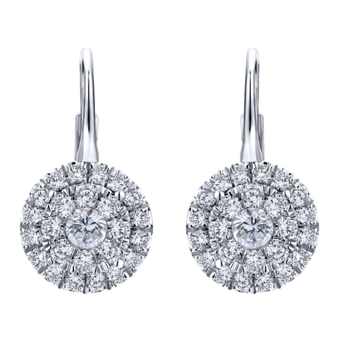 14K White Gold Round Cluster Diamond Leverback Earrings