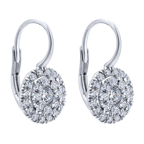 14K White Gold Round Cluster Diamond Leverback Earrings