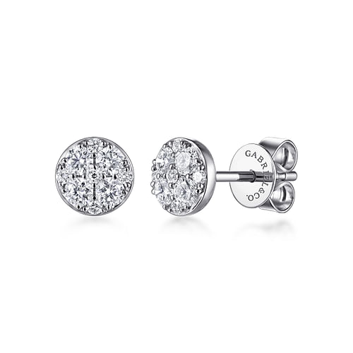 14K White Gold Round Cluster Diamond Stud Earrings