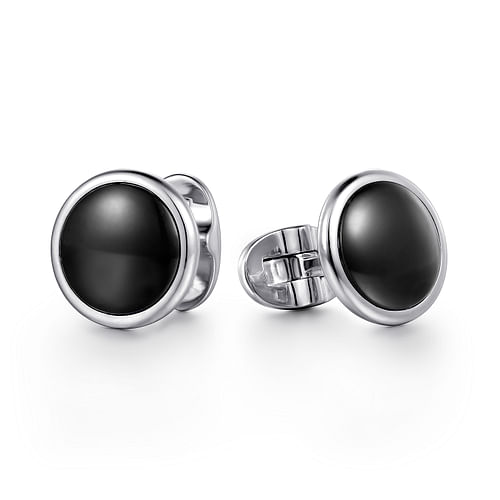 14K White Gold Round Cufflinks with Black Onyx Stones