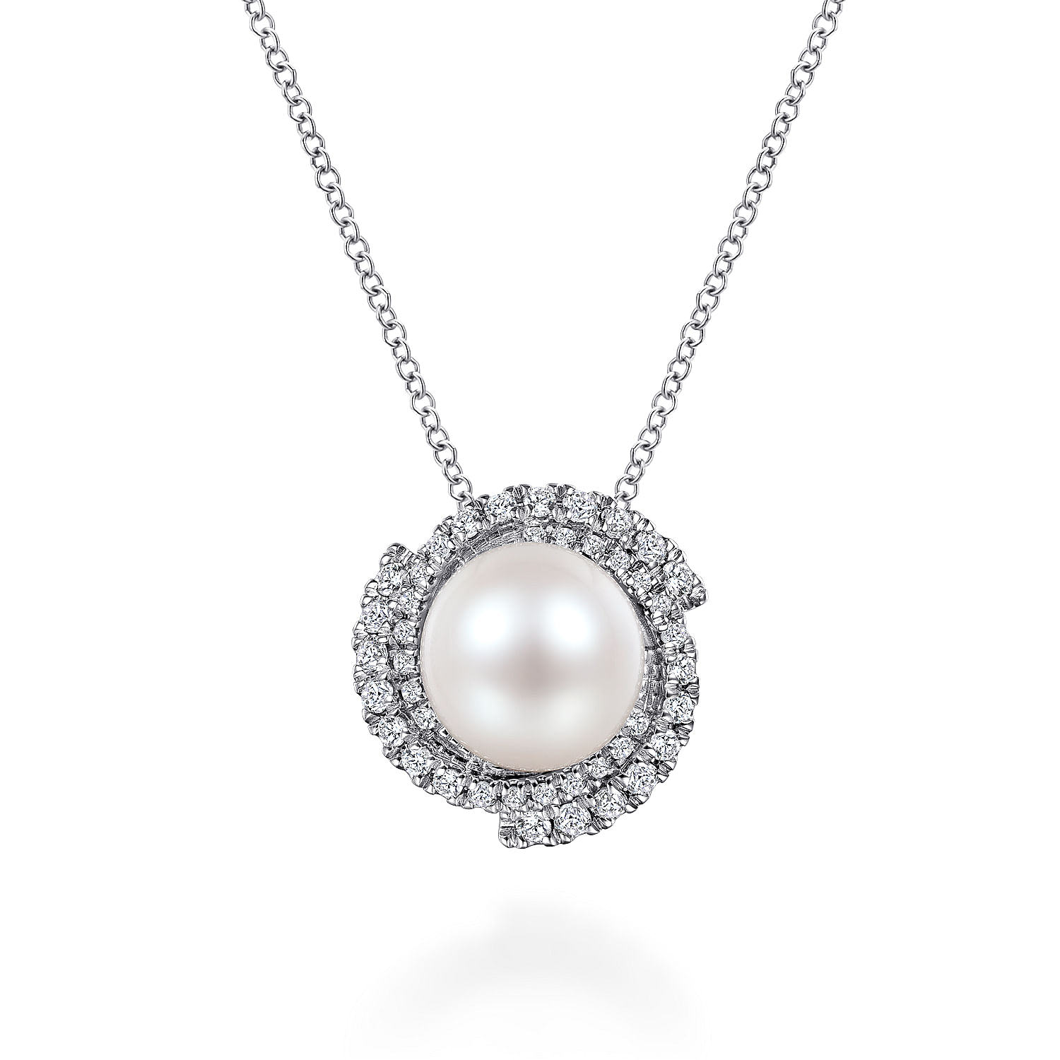 Gabriel - 14K White Gold Round Cultured Pearl Swirling Diamond Halo Pendant Necklace