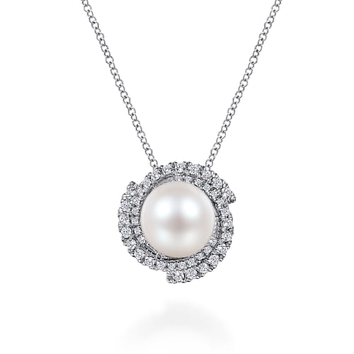 14K White Gold Round Cultured Pearl Swirling Diamond Halo Pendant Necklace