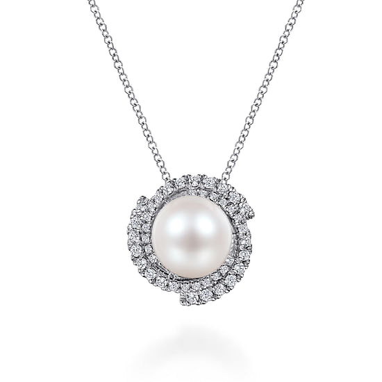 Gabriel - 14K White Gold Round Cultured Pearl Swirling Diamond Halo Pendant Necklace