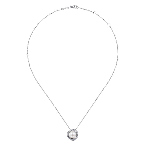 14K White Gold Round Cultured Pearl Swirling Diamond Halo Pendant Necklace