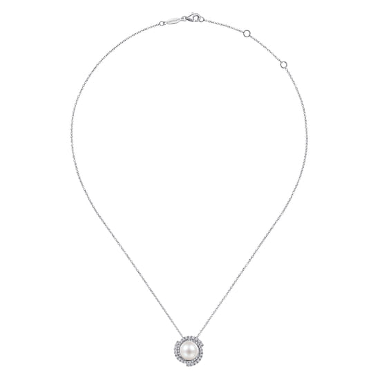 14K White Gold Round Cultured Pearl Swirling Diamond Halo Pendant Necklace angle 2