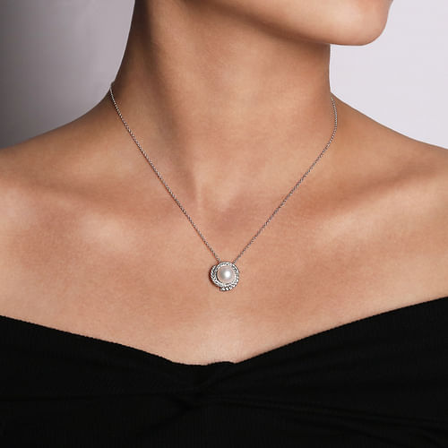 14K White Gold Round Cultured Pearl Swirling Diamond Halo Pendant Necklace