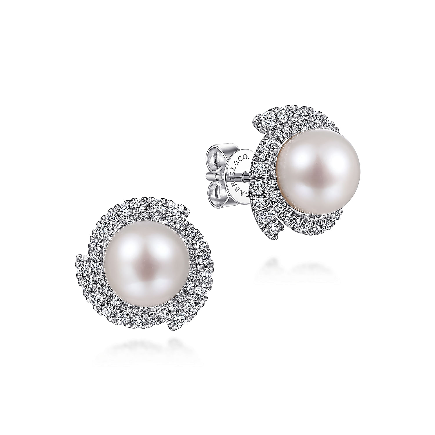 Gabriel - 14K White Gold Round Cultured Pearl Swirling Diamond Halo Stud Earrings