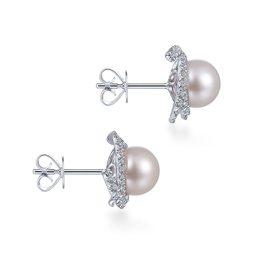 14K White Gold Round Cultured Pearl Swirling Diamond Halo Stud Earrings