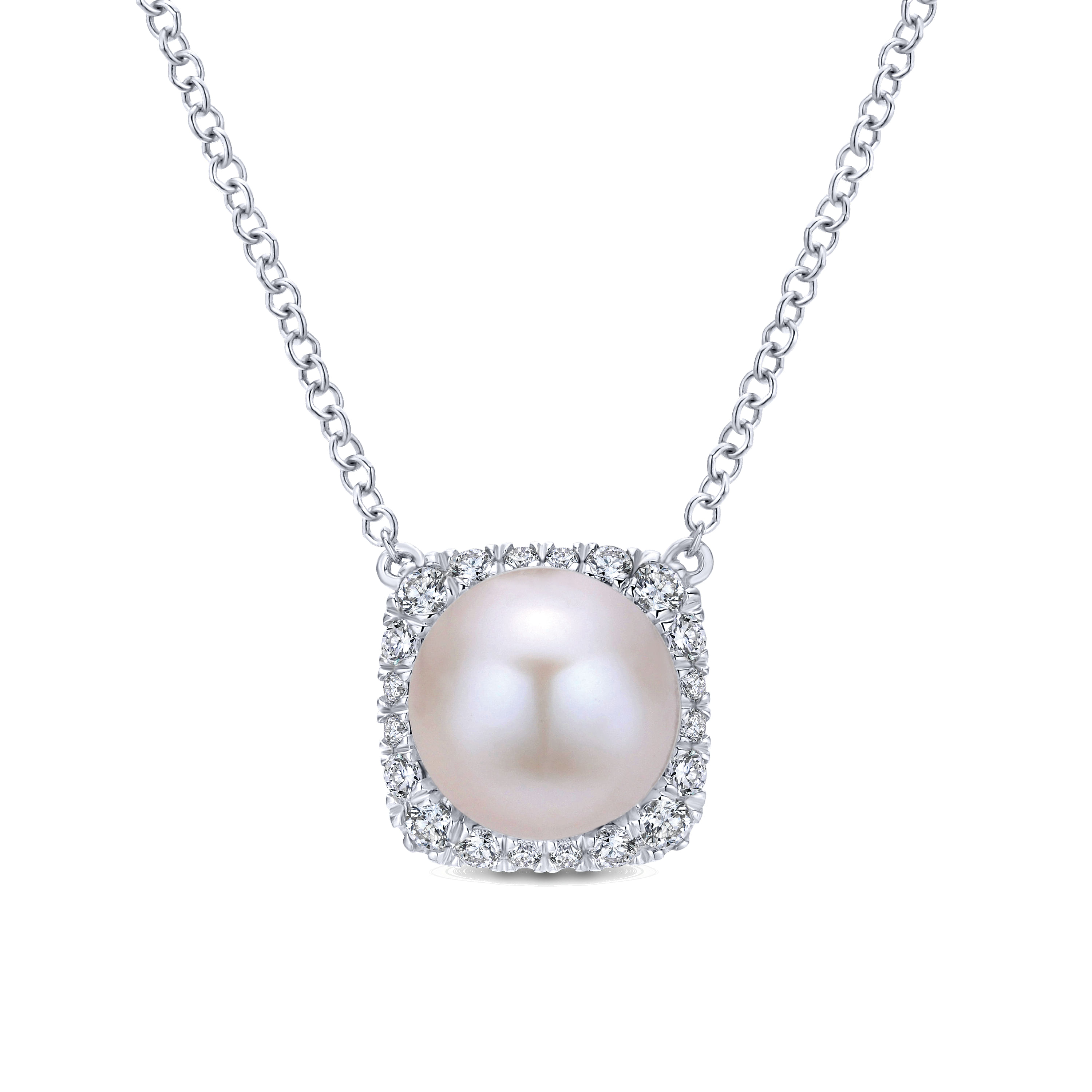 Gabriel - 14K White Gold Round Cultured Pearl and Diamond Cushion Halo Pendant Necklace