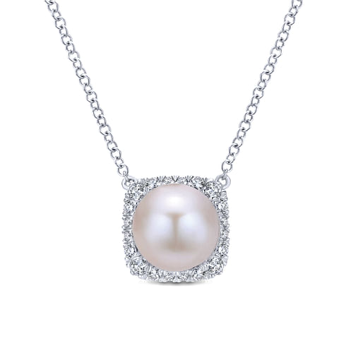 14K White Gold Round Cultured Pearl and Diamond Cushion Halo Pendant Necklace