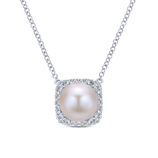 Gabriel - 14K White Gold Round Cultured Pearl and Diamond Cushion Halo Pendant Necklace